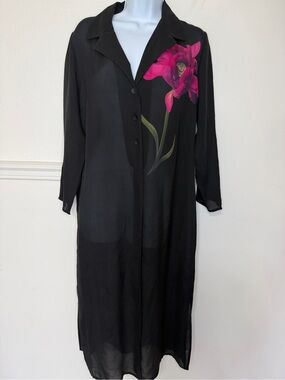 TESS Black Silk Button-Front Dress with Pink Floral Detail M